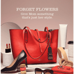 stock image from Coach with items that a lady would have or wear (sunglasses, headphones ect) the advertisement disparages flowers by stating 'Forget Flowers'