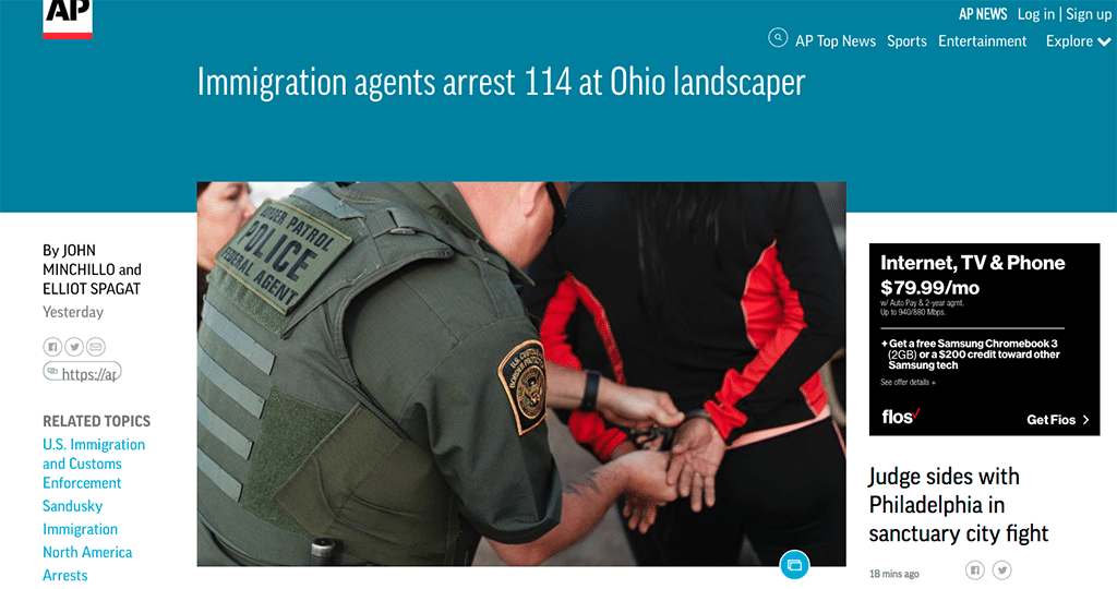 U.S. Immigration and Customs Enforcement (ICE) agents arrested more than 100 employees at an Ohio gardening and landscaping company on Tuesday. The Associated Press, among many other outlets, covered the news.