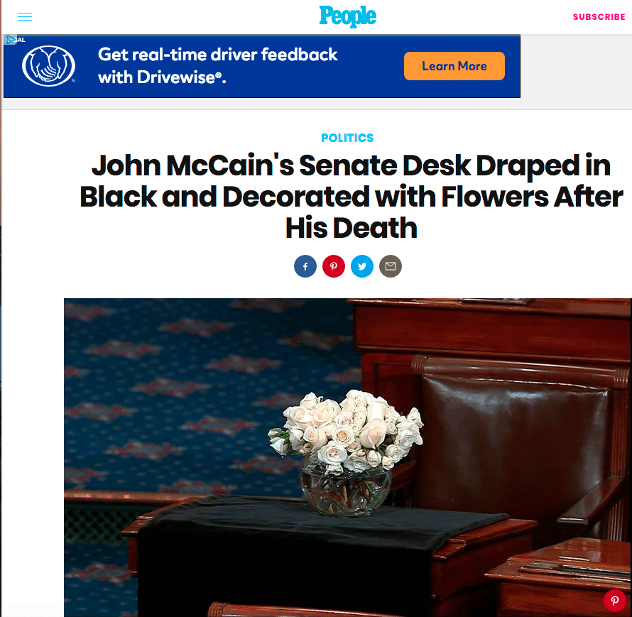 screenshot of the People Magzine website on John McCain's flowers in memory