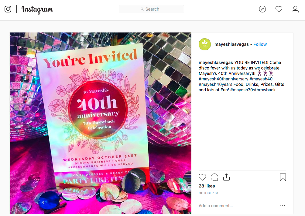 instrgram post announcing a 70's themed party for Mayesh Wholesale's 40th anniversary.