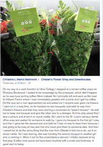 Grateful recipients, like the woman in this post who detailed how much the flowers from Chester’s Flower Shop & Greenhouses meant to her, were a common theme among participants in the Petal It Forward effort.