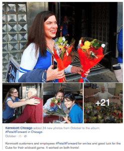 Kennicott Brothers in Chicago worked with local florists and suppliers to hand out 1,400 mixed stem bouquets throughout the metro area, including around Wrigley Field. “The good vibes may have hit their mark, as the Cubs won that evening’s historic wild-card game,” said Joe Barnes, Kennicott’s manager of new business.