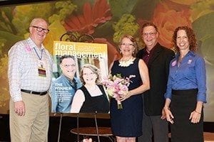Carolyn and Vince Butera, center, acceptig Floral Management's Marketer of the Year award from award sponsor Dwight Larimer, AAF, Design Master color tool, Inc., and Kate Penn, editor in chief and SAF's chief content and publishing officer.