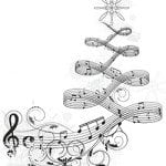 stock image of a black and white christmas tree with musical notes