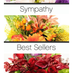 screenshot of a cell phone photo screen with images of three different floral arrangements that says sympathy, best sellers and romance