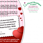 postcard of A Floral Boutique Florist showing hearts and a faux RX prescription for ordering flowers.