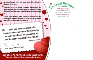 Daytona, Florida florist Rick Rivers talks up Valentine's Day in January to football fans in sports bars.