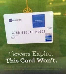 An AmEx representative said the company was unaware of a local mall’s ad campaign, which promotes AmEx gift cards by maligning flowers.