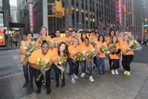SAF "happiness ambassadors,” including employees from Starbright Floral Design, handed out 4,400 Petal It Forward bouquets in New York City this morning.