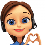 cartoon blue eyed brown haired girl with a headset and her hands are making a heart shape