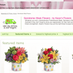 screenshot of Keser Flowers website. Shows flowers promoting secretaries week