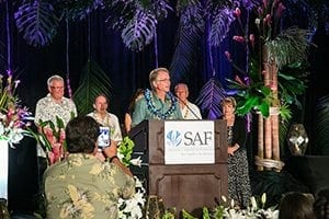 In the wake of the cancelation of SAF Palm Beach 2017, SAF award winners will still be recognized at the 2018 event. (Shown, Leo Roozen, AAF, receiving the 2016 Paul Ecke Jr. award for service to the industry and community).