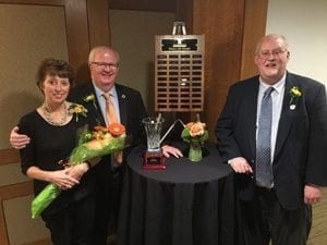Dawn Larimer, Dwight Larimer AAF, PFCI, and Bob Patterson, Michigan Floral Foundation chairman. Dwight Larimer was inducted into the prestigious Michigan Floral Foundation Hall of Fame in October.