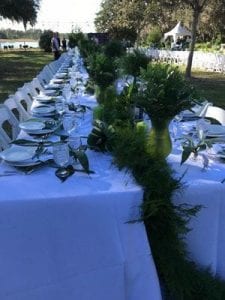 long set table white cloth and greenery. Set for a dinner party