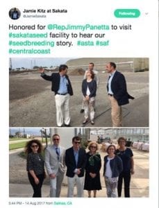SAF Growers Council member Jamie Kitz tweeted photos during Rep. Panetta's tour of Sakata Seed America in Salinas, California.