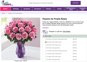 1-800-Flowers.com played up Pantone’s 2018 Color of the Year, Ultra Violet, on Valentine’s Day with a Passion for Purple collection, said Liz Castoro, director, enterprise public relations.