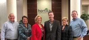 Rep. Rodney Davis (R-Illiniois-13), center) visited last week with members of Hortica’s executive team, including John Hodapp, Joan O’Saben, Mona Haberer, Traci Dooley and Brent Bates.