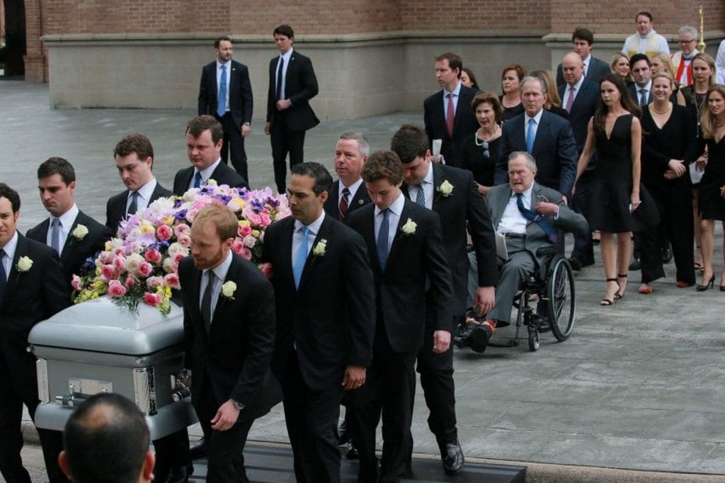 Barbara Bush's eight grandsons carry her casket out of St. Martin's Episcopal Church in Houston on Saturday. In 1990, the former First Lady was inducted into SAF’s American Academy of Floriculture.
