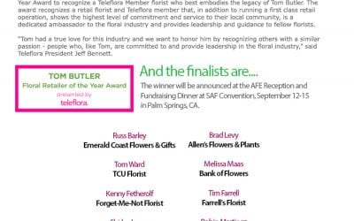 Teleflora Announces Finalists for 2018 Tom BUTLER Floral Retailer of the Year Award