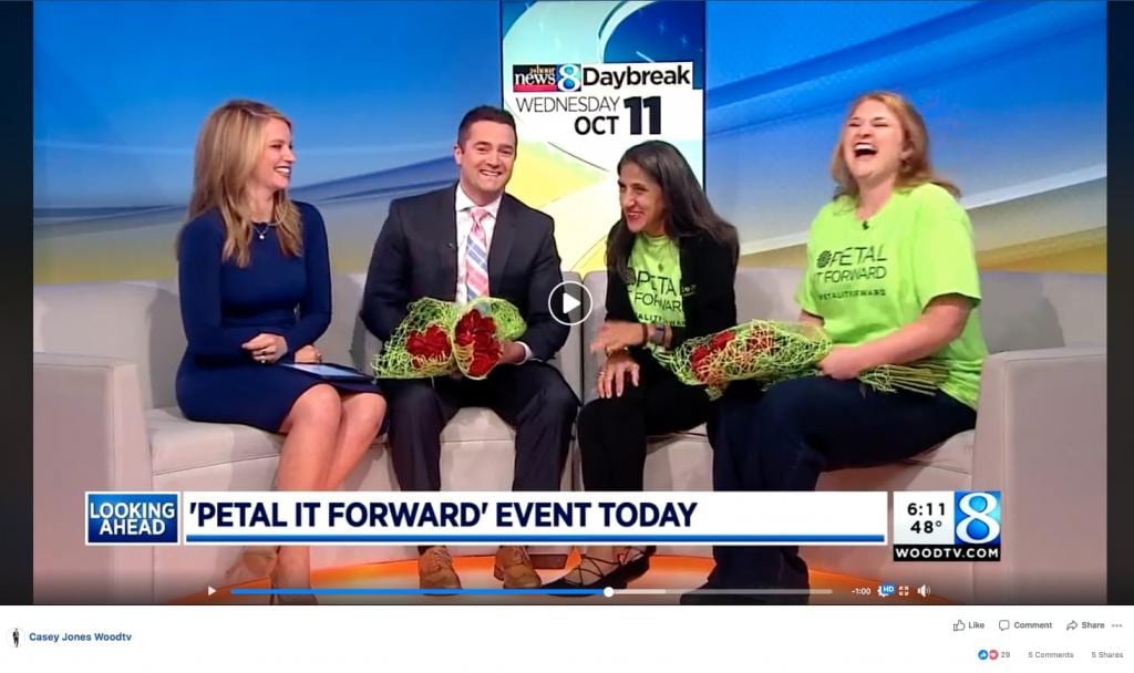 After a successful Petal It Forward event last year, Eastern Floral, a shop in Grand Haven, Michigan, will partner again this year with local nonprofit Mental Health Foundation of West Michigan. In 2017, Kiersten Schulte, the shop’s corporate relations director, surprised the co-anchors with flowers live on air during Wood-TV 8’s morning show, “24 Hour News 8 Daybreak.”