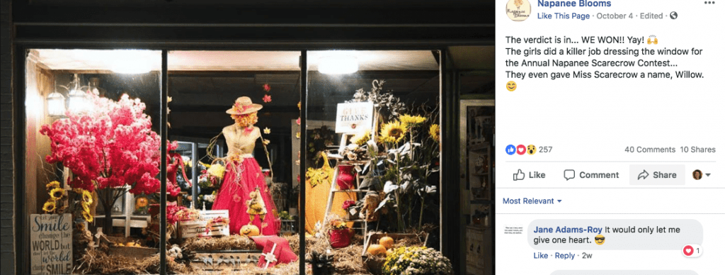 A floral scarecrow window display made Napanee Blooms the talk of the town.