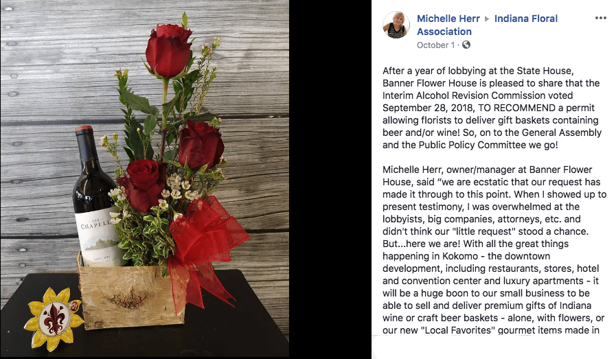 The Indiana legislature is considering a new permit that would allow local retailers to sell and ship alcohol — thanks, in large part, to the tenacity of florist Michelle Herr.
