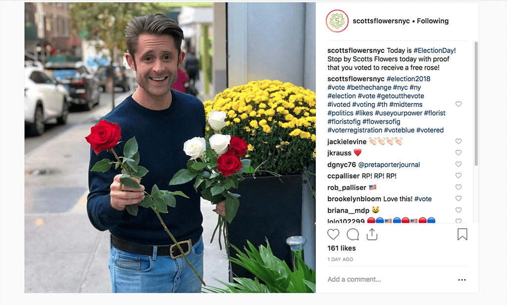 scottsflowersnycToday is #ElectionDay! Stop by Scotts Flowers today with proof that you voted to receive a free rose!