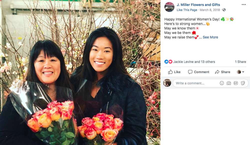 Valerie Lee Ow, co-owner of J. Miller Flowers & Gifts, gave a shout-out to her sister and niece (second and third generation members of the Oakland, California shop) for Women’s Day 2018.