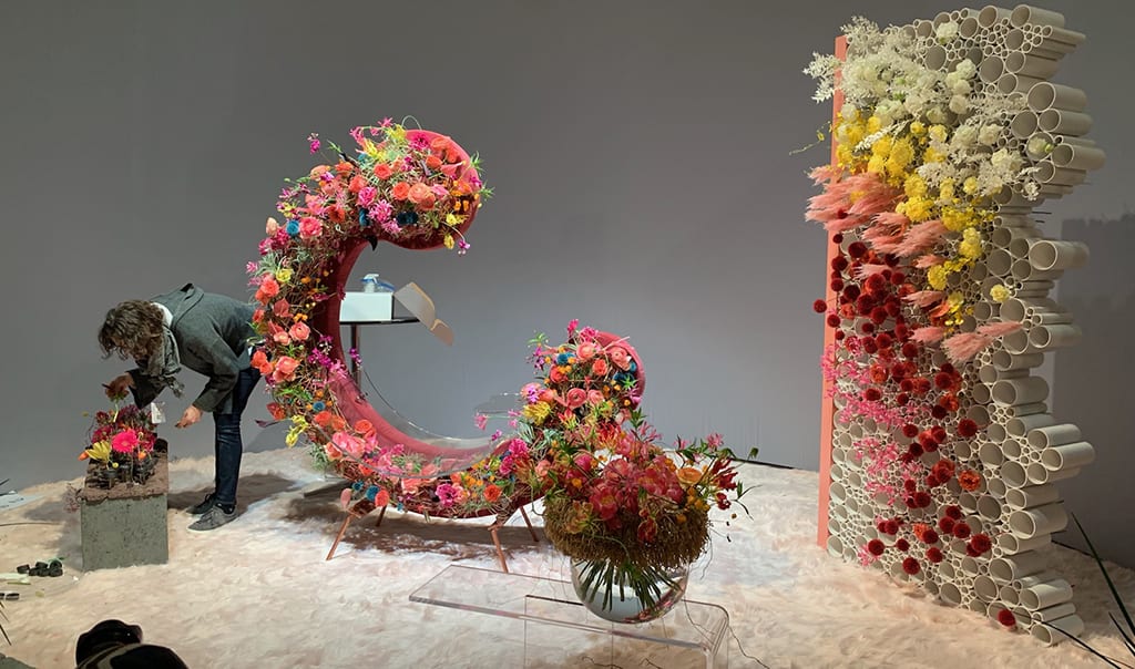Katharina Stuart, who represented the United States at the competition, works to complete her “architectural creation.” Read more about Stuart in the February issue of Floral Management.