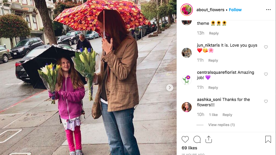 mom and daughter with umbrellas receiving flowers on the street for stress awareness month