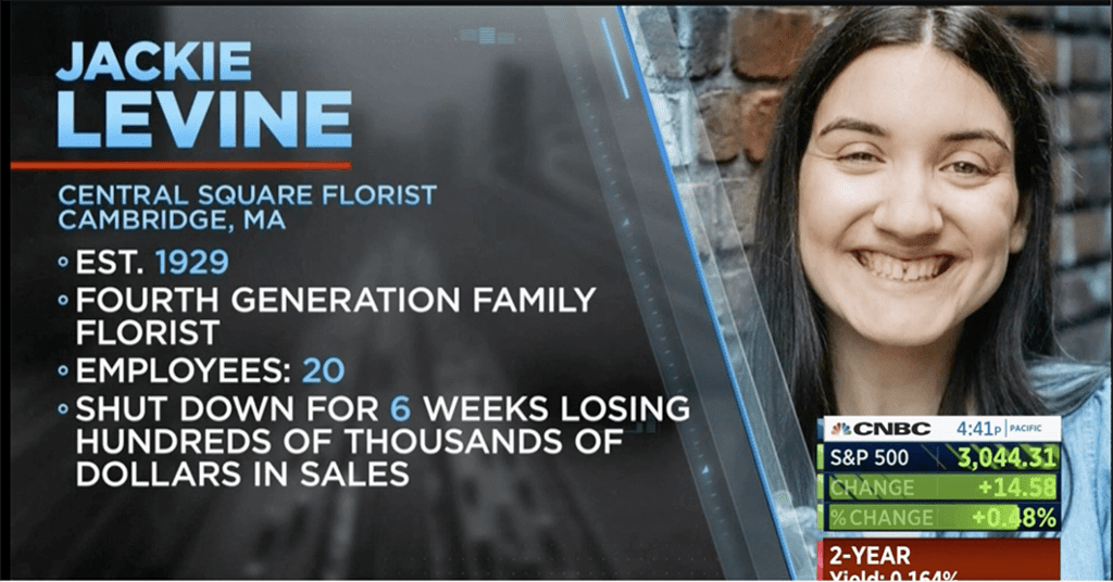Jackie Levine, the fourth-generation manager of Central Square Florist and a frequent speaker for Society of American Florists events and webinars, was a guest on CNBC on May 29.