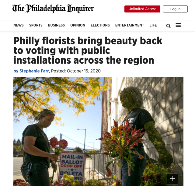 United by Blooms, a nonpartisan outdoor event October 14-16, fit the bill swimmingly. The brainchild of Philadelphia farmer-florist Kate Carpenter, co-owner of EMA Blooms, the event drew together more than 15 florists and growers in the Mid-Atlantic
